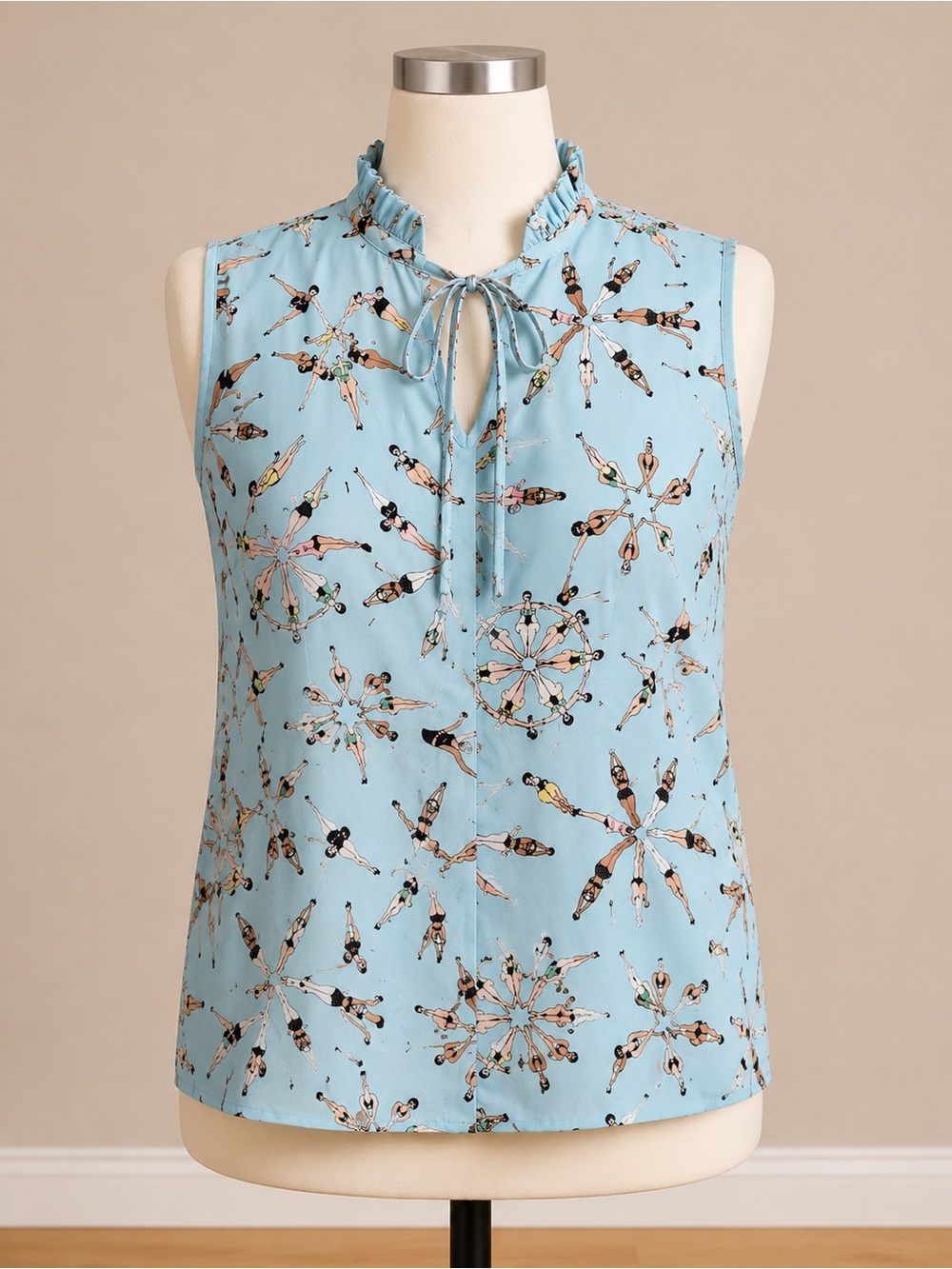 ModCloth Pale Blue Ruffled Tie-Neck Camisole with Novelty Swimmer Print